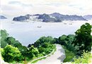 姫路沖の瀬戸内海に浮かぶ家島からの風景。こんな海を見下ろす風景が好きで、他にも色々なところで描いています。